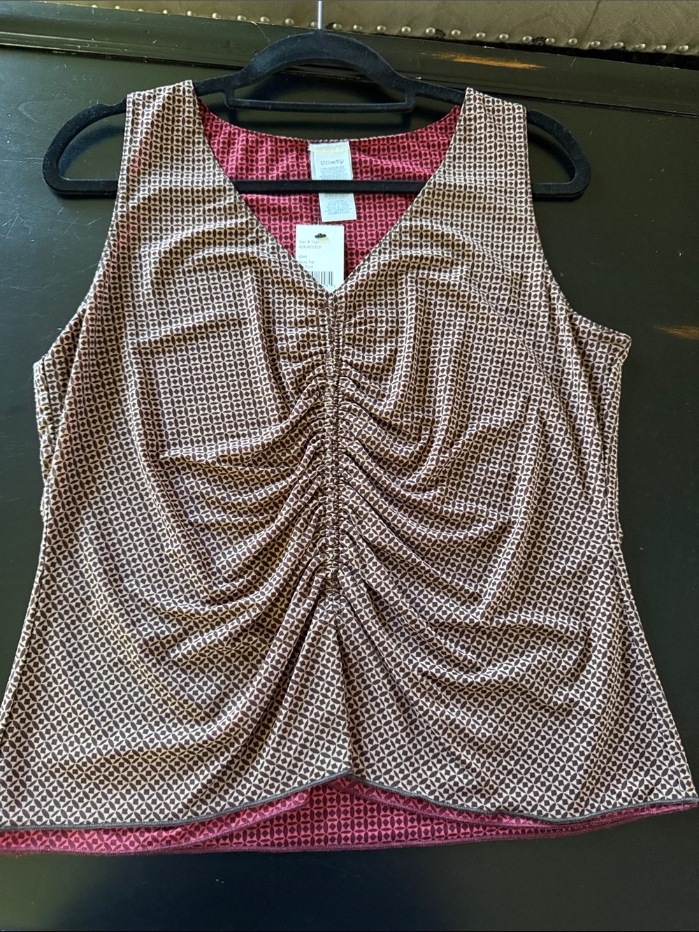 CAbi Brown & Pink Ruched V-Neck Tank reversible!!